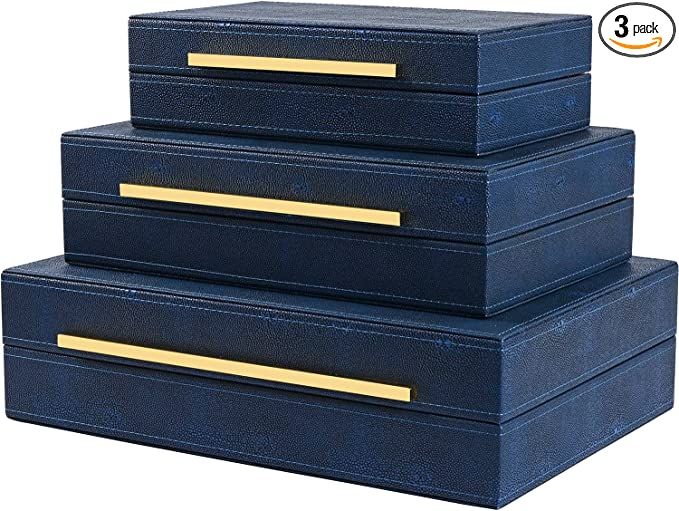 XIGEXIGE Navy Blue Shagreen Decor Storage Boxes Faux Leather Set of 3 Decorative Boxes, Large Mod... | Amazon (US)