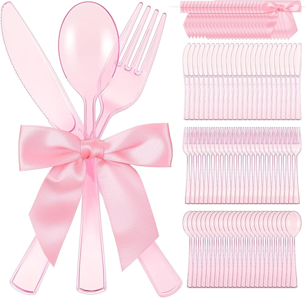 Minatee 25 Sets Pink Plastic Cutlery Set with Twist Tie Bows, Heavy Duty Tableware Disposable Pin... | Amazon (US)