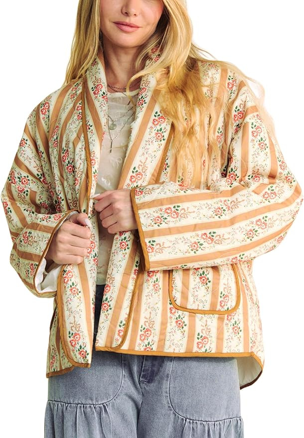 Women’s Floral Quilted Jacket Lightweight Padded Outerwear Puffy Cardigan Coat with Pockets | Amazon (US)