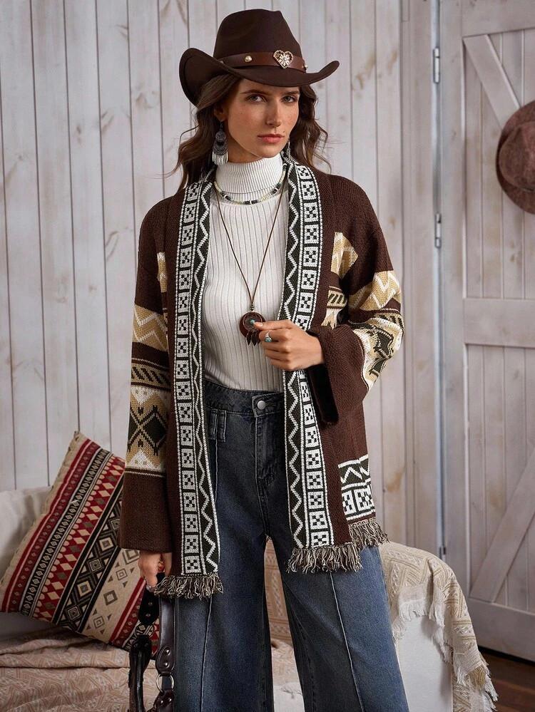 LanaWest LanaWest Women's Multi-Color Jacquard Fringe Casual Sweater | SHEIN