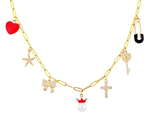 Gold Charm Necklace for Women Chunky Statement Paperclip Stainless Steel 18K Gold Plated Boho Choker Necklace Rhinestone Cross Bow Key Starfish Safety Pin Heart Pearl Charms Pendant Necklace | Amazon (US)
