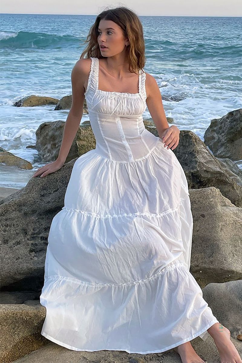 Sleeveless Wide Strap Ruched Square Neck Cinch Waist Flowy Vacation Maxi Dresses-White | Cherley