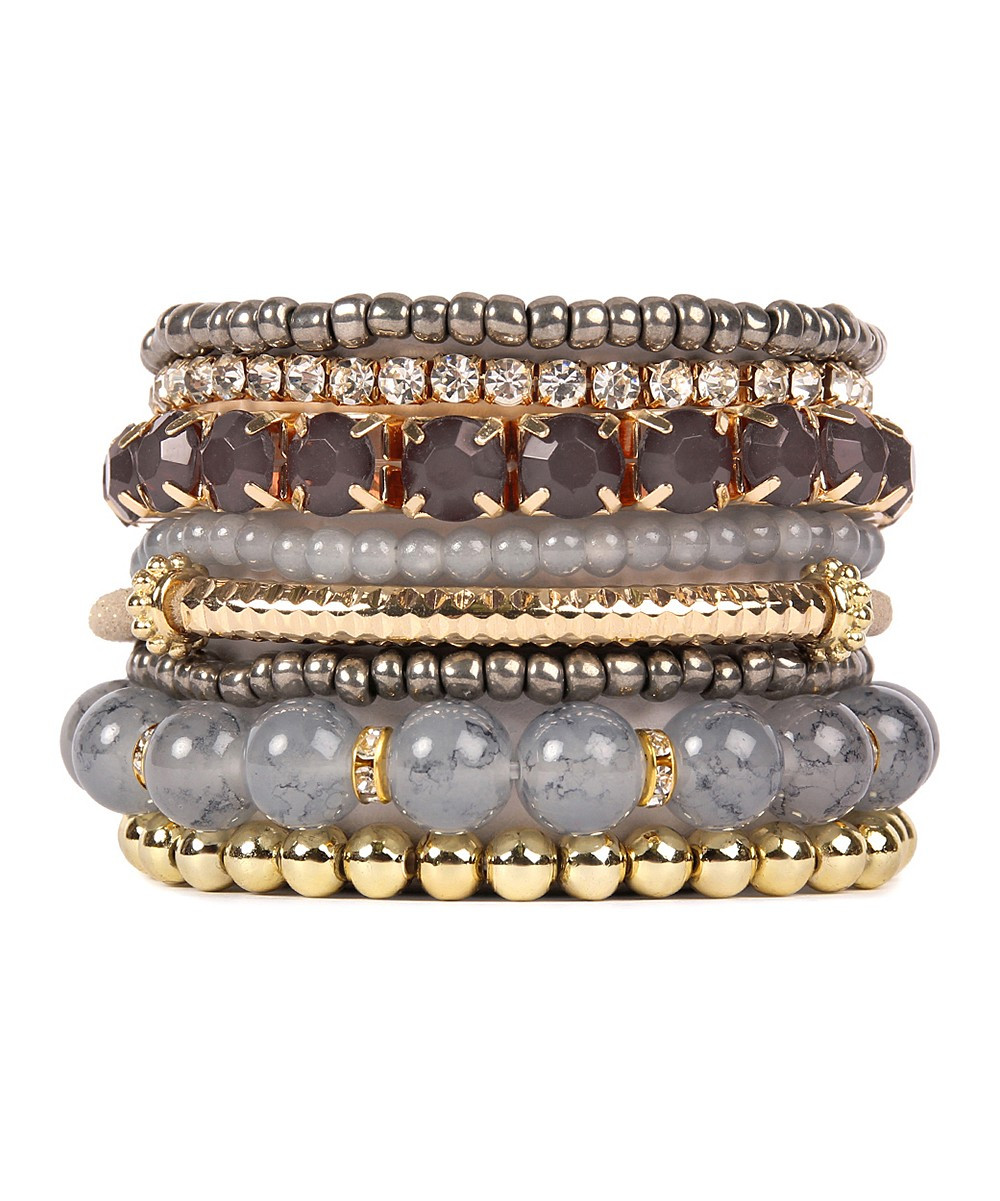 Riah Fashion Women's Bracelets Grey - Gray & Goldtone Bead Stretch Bracelet Set | Zulily
