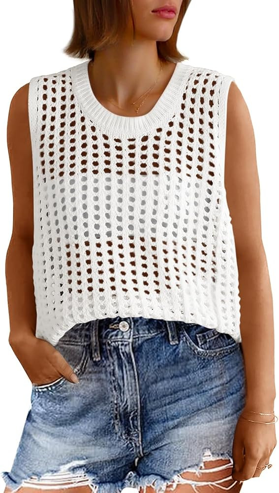 Fisoew Womens Summer Crochet Tank Tops Sleeveless Scoop Neck Loose Knit Sweater Vest Boho Hollow ... | Amazon (US)