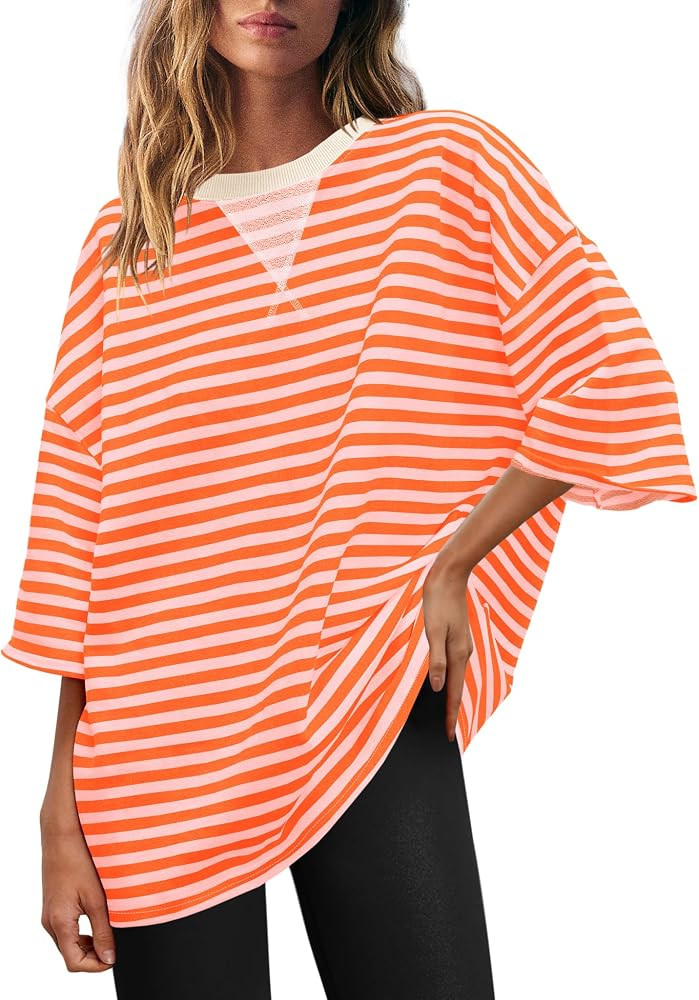 Panadila Womens Striped Short Sleeve Tunic Tops Oversized Crewneck T Shirt Casual Loose Fit Color... | Amazon (US)