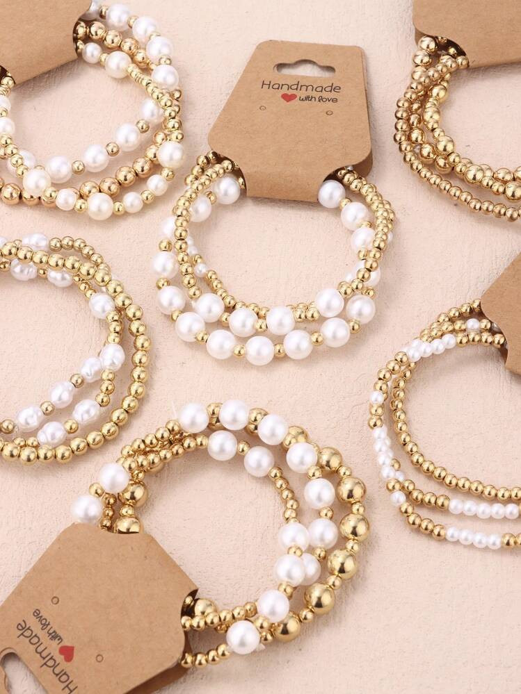 3pcs Ladies' Bracelet Fashion Cute Pearl Gold Bracelet Stacking Set Exquisite Elastic Jewelry Lad... | SHEIN