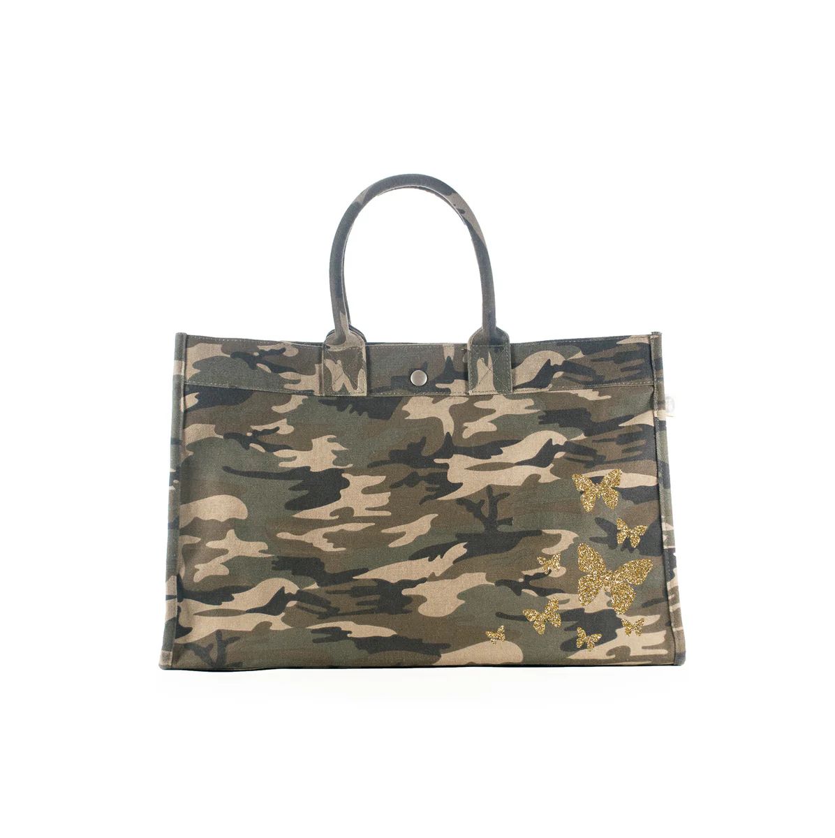 East West Bag: Green Camo with Gold Glitter Scatter Butterflies | Quilted Koala