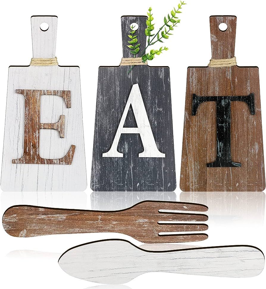 Jetec Cutting Board Eat Sign Set Hanging Art Kitchen Eat Sign Fork and Spoon Wall Decor Rustic Primi | Amazon (US)