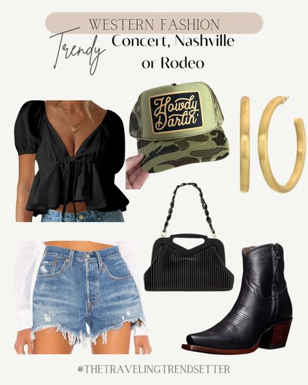 Trendy concert outfit, Nashville outfit radio outfit, trucker hat, gold, hoops, cowboy boots, cowgirl, boots, cowgirl, booties to cover boots, purse, cut off denim shorts and short summer outfits, spring outfit, Amazon top, Amazon, fashion, concert, outfit, music festival, outfit, summer outfit, travel, outfit, vacation outfit

#LTKfindsunder50 #LTKFestival #LTKstyletip