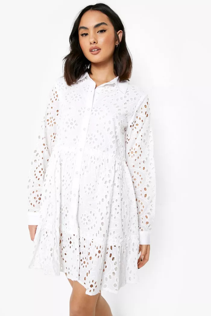Broderie Tiered Shirt Dress | Boohoo.com (UK & IE)
