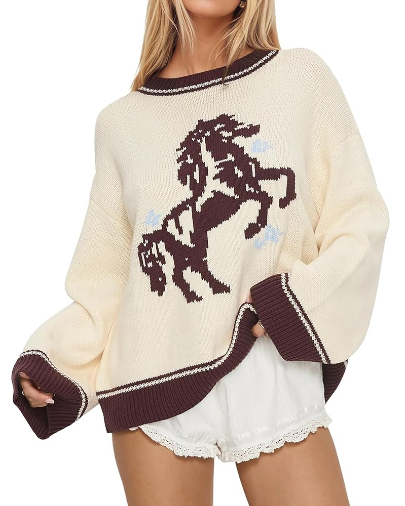 Crew Neck Oversized Sweater for Women Y2k Long Sleeve Sweaters Horse Graphic Knit Pullover Trendy... | Amazon (US)