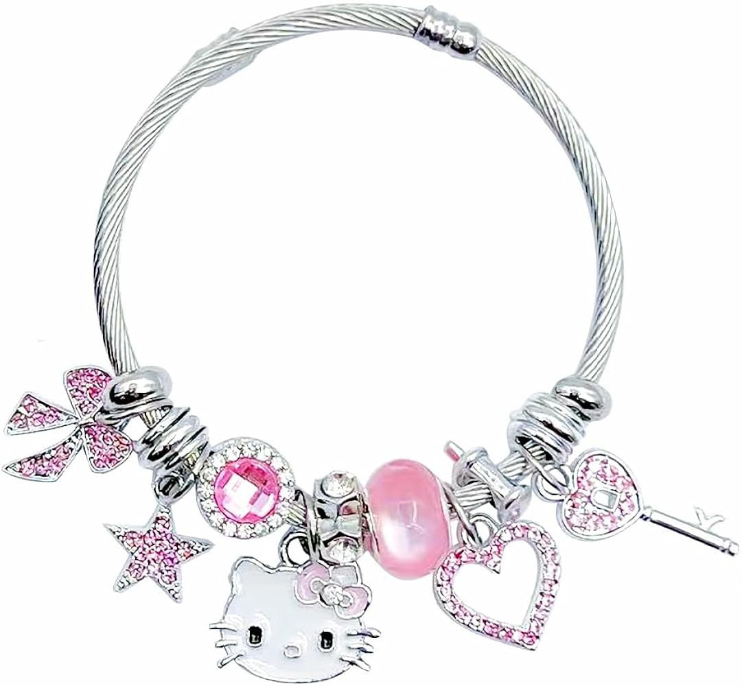 Hello Inspired Kawaii Kitty Bangle Bracelet, Cute Charms Bracelet, Adjustable Stainless Steel Cuf... | Amazon (US)
