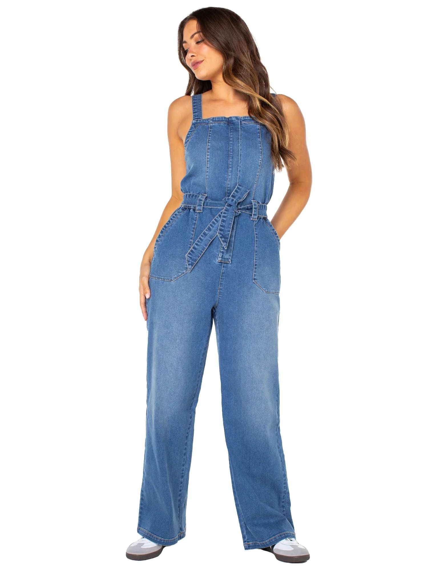 Celebrity Pink Women's Juniors Short Sleeve High Rise Wide Leg Denim Jumpsuit | Walmart (US)