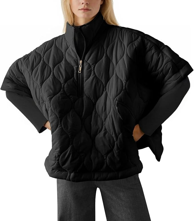 Fazortev Women's Puffer Poncho Pullover Quilted Jacket Short Sleeve Half Zipper Coat Cape Outerwe... | Amazon (US)
