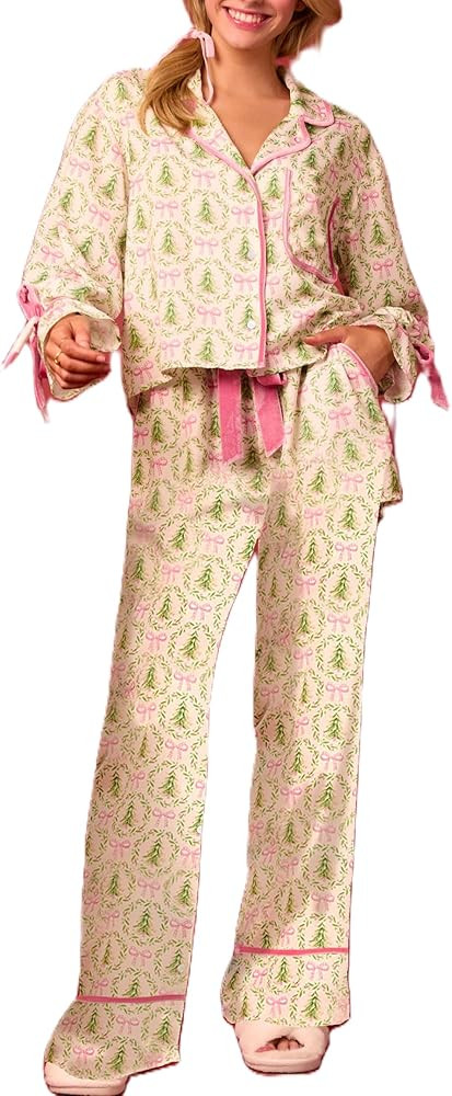 Sastianaen Satin Christmas Pajama Set for Women Silk Bow Tie Long Sleeve Shirt and Pants 2 Piece ... | Amazon (US)