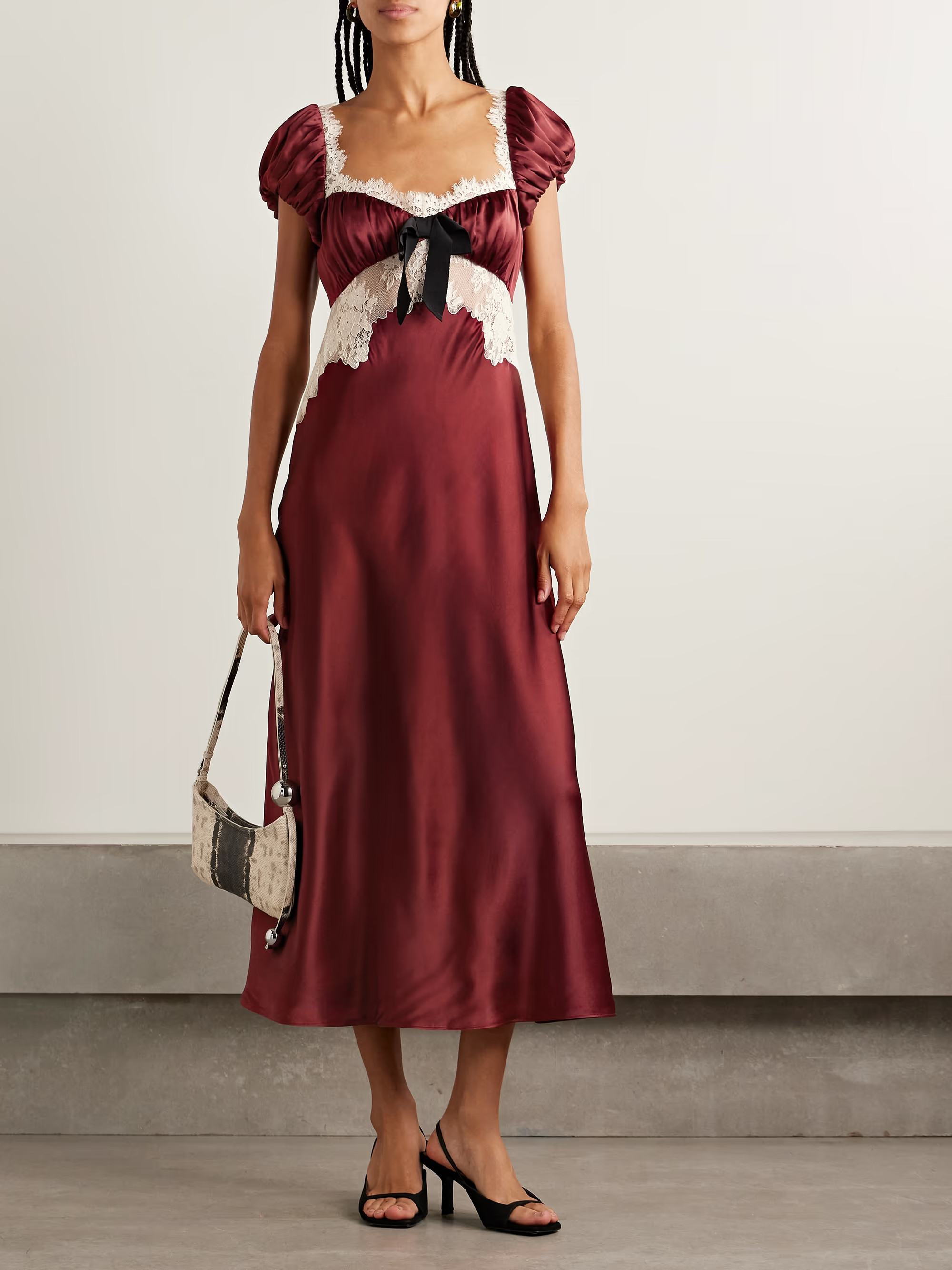 Veda bow-detailed corded lace-trimmed silk-charmeuse midi dress | NET-A-PORTER (US)