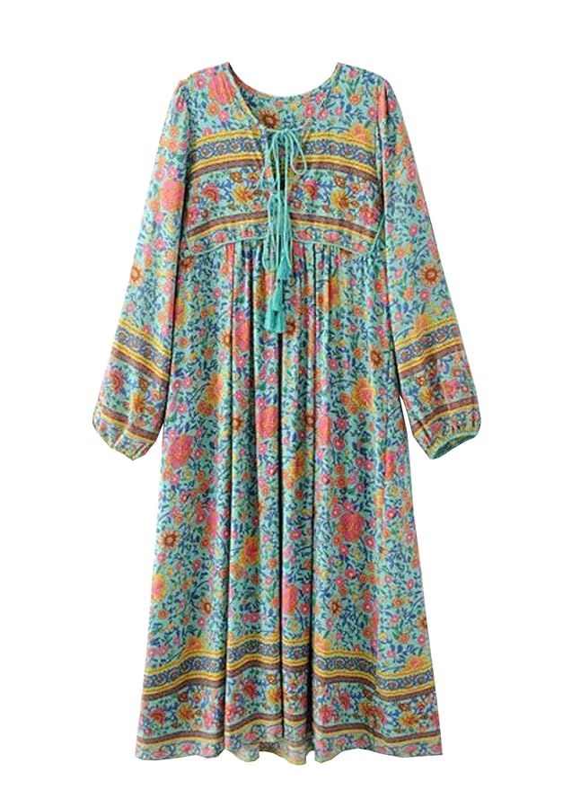 R.Vivimos Women's Long Sleeve Floral Print Retro V Neck Tassel Bohemian Long Dresses | Amazon (US)