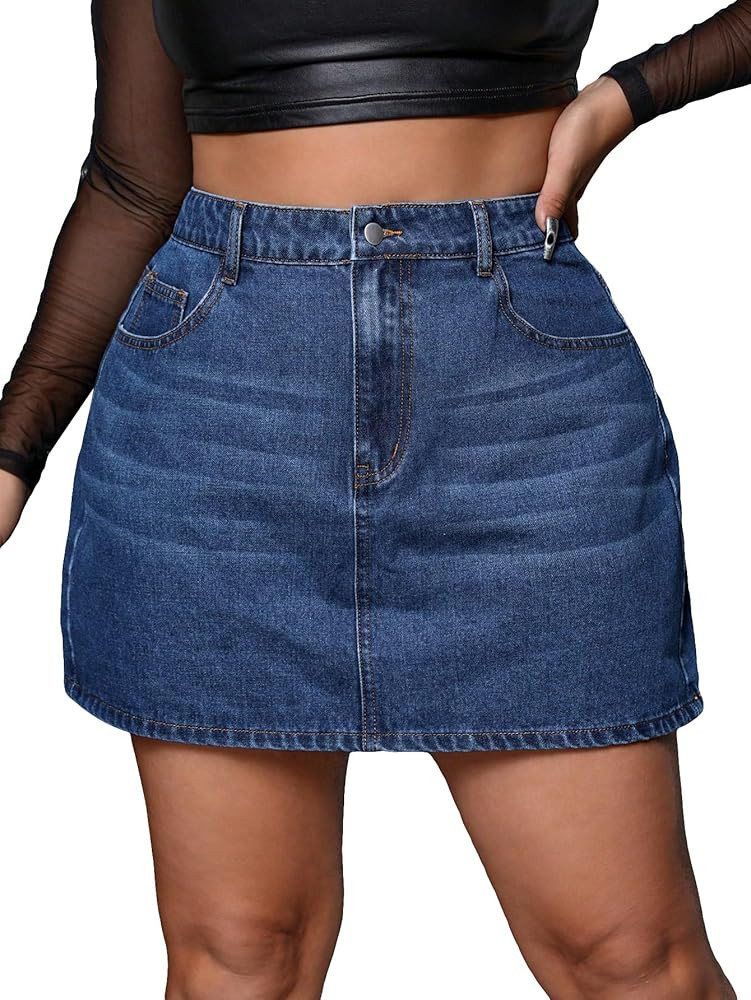 Milumia Women's Plus Size Casual Jean Skirt High Waisted Pocket Denim Short Mini Skirts | Amazon (US)