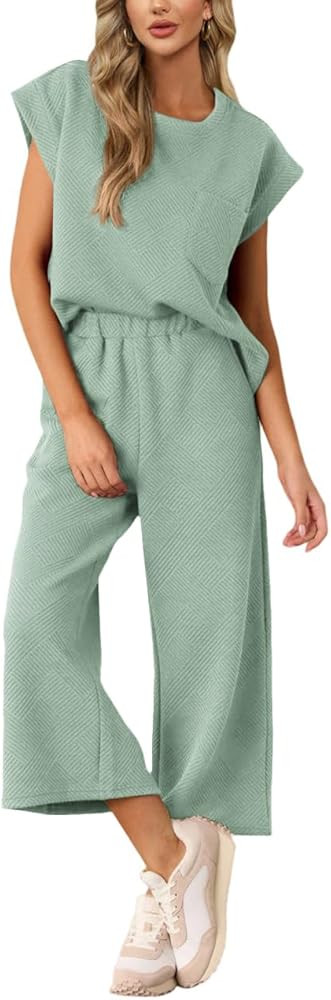 AGSEEM Two Piece Sets for Women Summer Short Sleeve Lounge Sets Cropped Wide Pants Outfits Lounge... | Amazon (US)