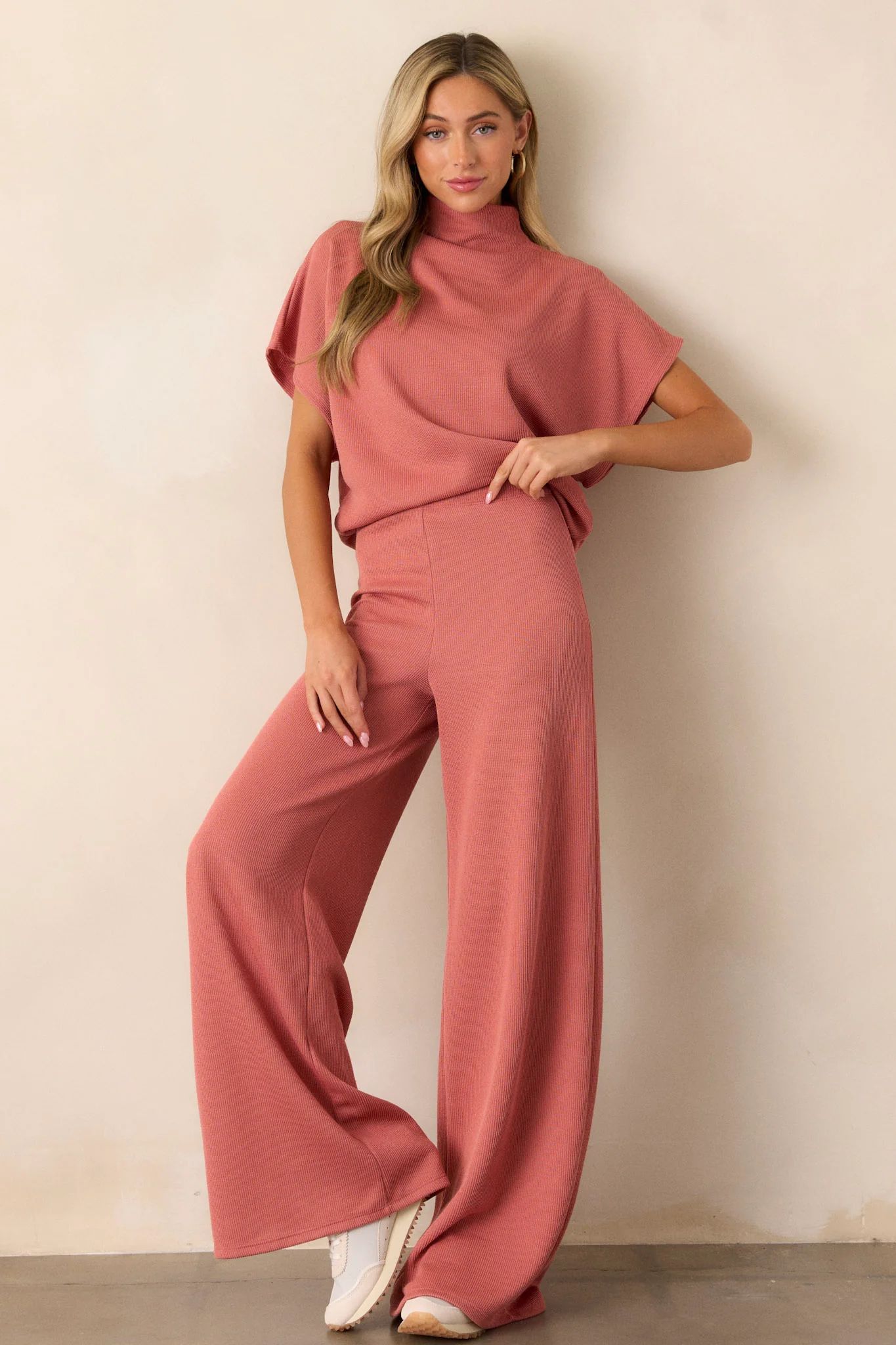 Waterfall Mist Pink Coral Knit Wide Leg Knit Pants | Red Dress