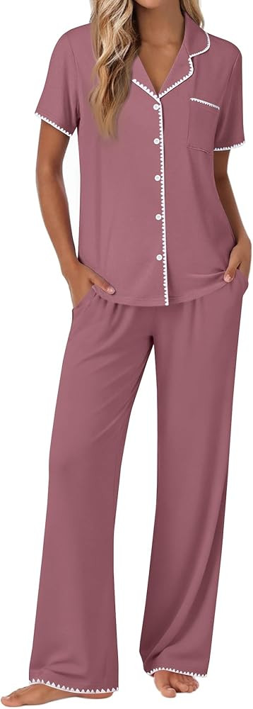 Ekouaer Pajamas for Women Set Button Up Soft Pjs Short Sleeve 2 Piece Lounge Sets Comfy Sleepwear | Amazon (US)
