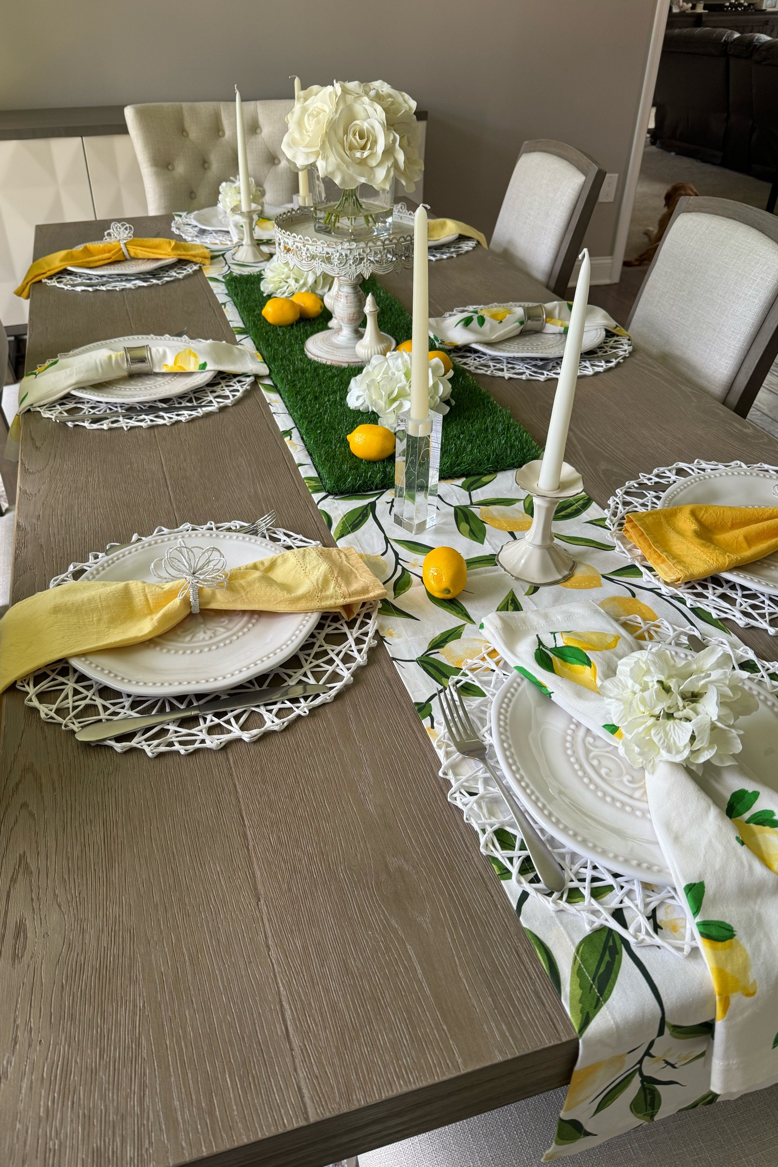 Beautiful summer tablescape! 🍋

Summer tablescape, summer decorating, summer decor, summer dining room table, dining room table decor, dining room table, pottery barn, lemon yellow kitchen, lemon theme, yellow napkins, summer napkin rings, summer table runner, placemats, seasonal decor, seasonal decorations, seasonal decorating, faux lemons
 #ltkparties #ltkhome #ltkstyletip