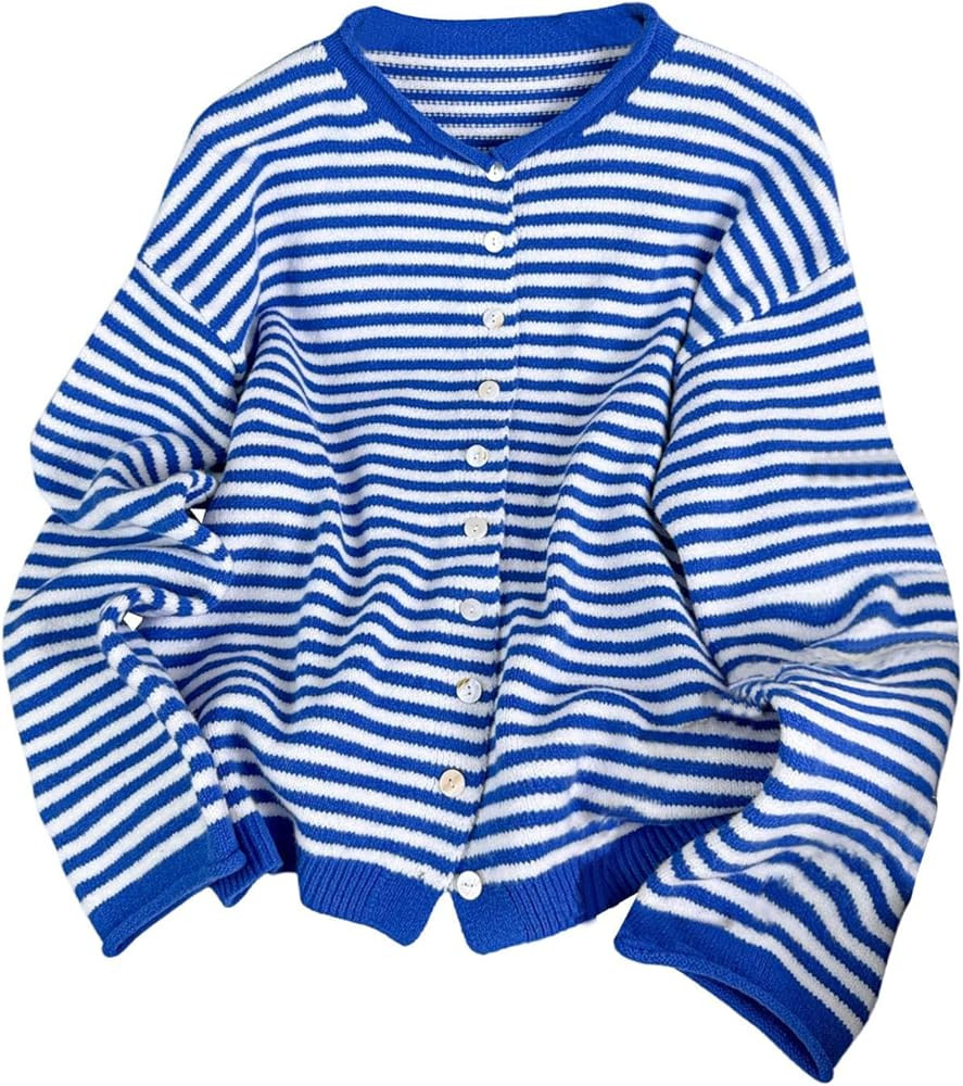 MakeMeChic Women's Striped Sweater Cardigan Button Down Long Sleeve Baggy Fall Outfits | Amazon (US)