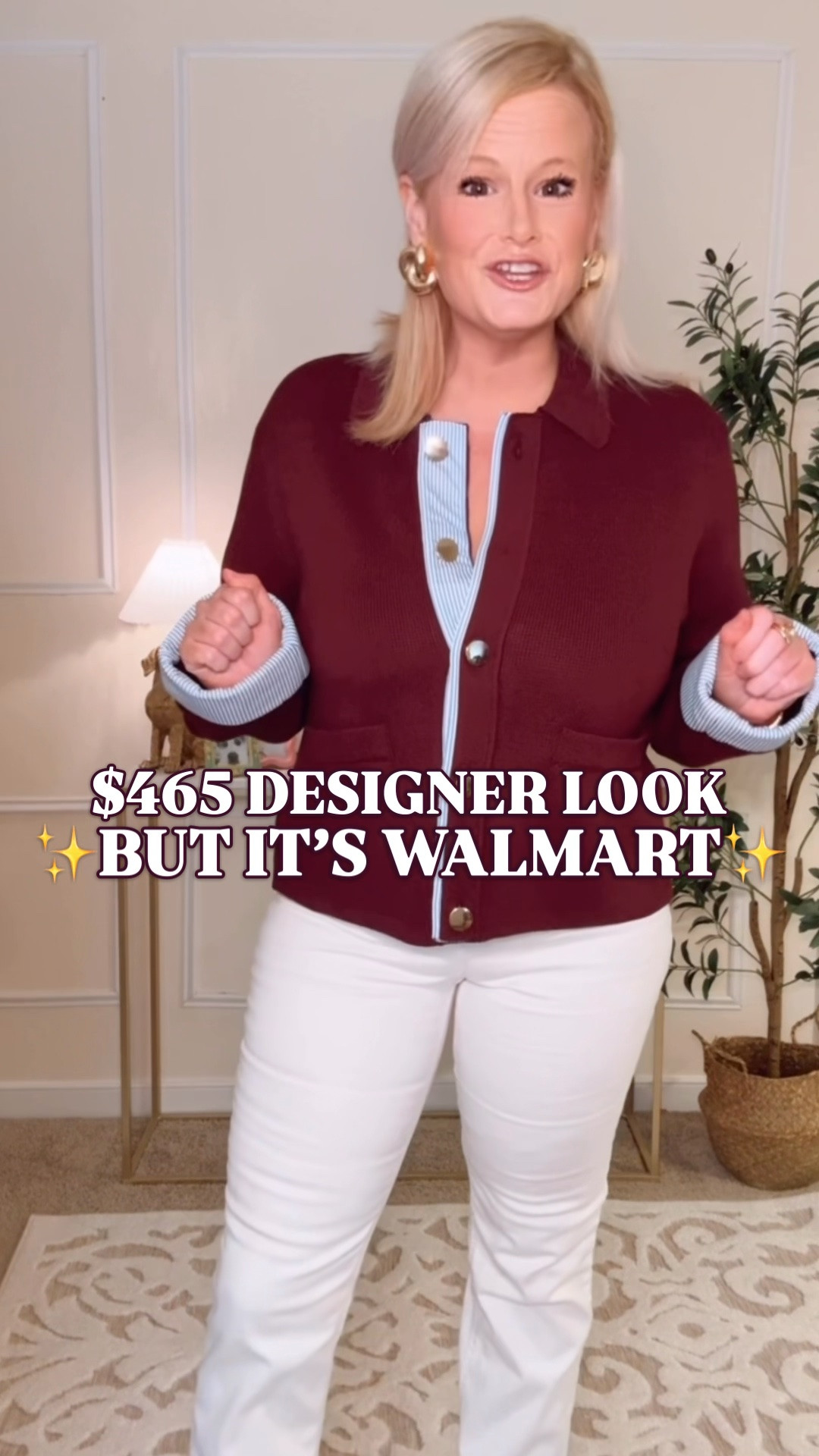 The $465 Sandro cardigan look for $32 on Walmart. Those striped cuffs and gold tone buttons make this Free Assembly sweater jacket look so much more expensive than it is.

If you love Sandro’s Polo Cardigan with Poplin Details, the contrast placket, structured collar and wide fold over cuffs bring that same preppy feel to this Walmart find. The ribbed knit gives it the comfort of a cardigan, while the collar and button front give your fall work outfits a polished finish.

I’m wearing a large. It has a relaxed drop shoulder fit and a cropped straight hem that pairs especially well with high rise trousers, jeans and skirts. Button it up as your top and you get that layered shirt and cardigan look in one piece.

For teacher outfits and business casual workwear, add ponte pants and loafers. Wear it with dark denim and ballet flats for casual Fridays, or a midi skirt and boots for church and fall lunch plans. You can also wear it open over a fitted tee as a lightweight fall layer.

If your fall wardrobe needs a pretty work sweater that you’ll also wear on the weekend, this gives you the Sandro look for a fraction of the price. Shop it below.

Sandro cardigan look for less, Sandro Polo Cardigan inspired, Walmart sweater jacket, Free Assembly cardigan, burgundy cardigan women, cropped sweater jacket, collared cardigan, gold button cardigan, striped cuff sweater, preppy fall sweaters, fall work outfits, teacher outfits fall, business casual outfits women, office outfits, work sweaters women, cardigan outfits, feminine workwear, preppy style, fall outfit ideas, Walmart fall fashion, Walmart finds

#LTKFindsUnder50 #WalmartStyle #WalmartFinds #LookForLess #PreppyStyle #TeacherOutfits #WorkOutfits #BusinessCasual

#LTKSeasonal #LTKWorkwear #LTKMidsize