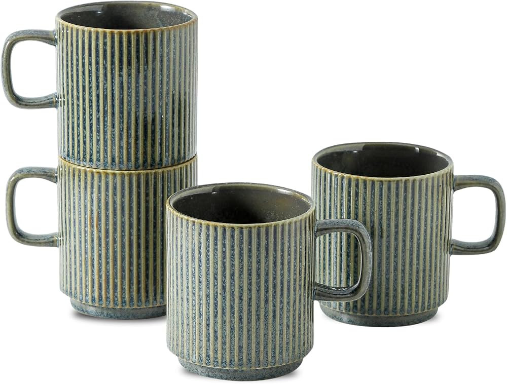 Coffee Mugs Set of 4, Ceramic Ribbed Tea Coffee Cups with Handle, Large Porcelain Mug for America... | Amazon (US)