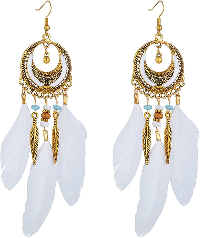 Boho Feather Earrings for Women Bohemian Fringe Tassel Long Drop Dangle Earrings Vintage Multicol... | Amazon (US)