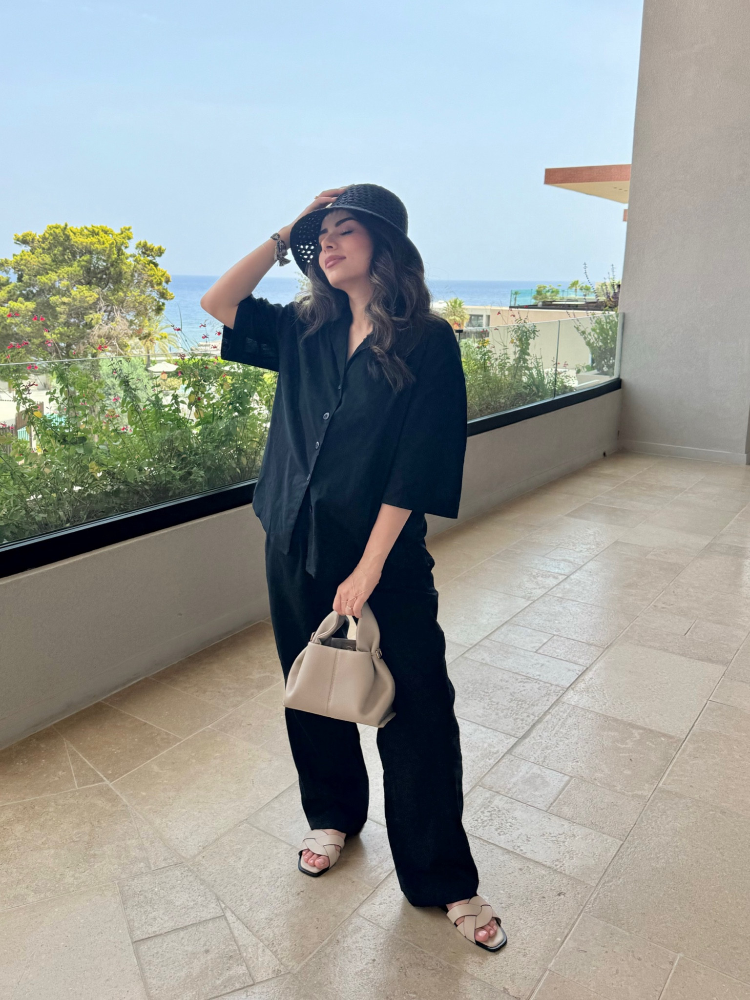 Holiday outfit, all black outfit, Polene bag, linen set, linen shirt, linen trousers, H&M
Slider sandals, neutral accessories, modest fashion 

#LTKsummer #LTKstyletip #LTKmodest