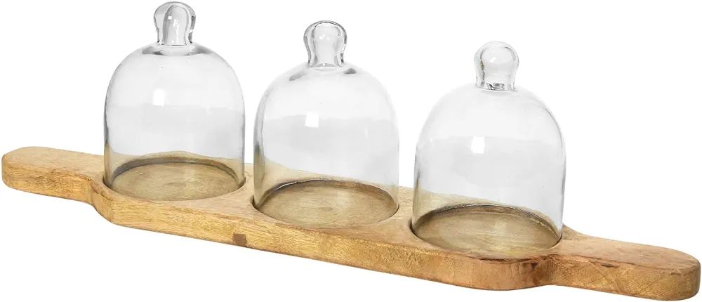 Creative Co-Op Mango Wood Serving Tray with 3 Glass Cloches and Handles, Set of 4 Serveware, 21"L... | Amazon (US)