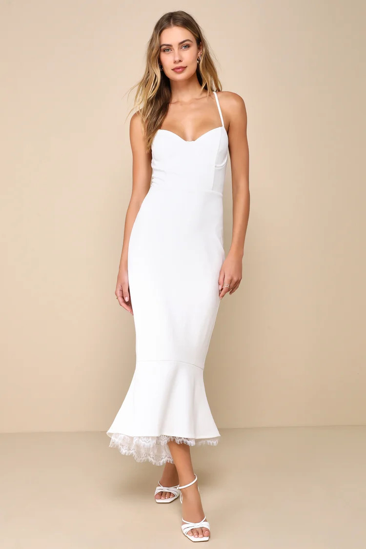 Gorgeous Outlook White Bustier Trumpet Hem Midi Dress | Lulus