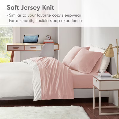 4 Pcs Stylish Jersey Knit Cotton Sheet Set, All Season Home Textile for Modern Bedroom Decor, Blush, Full | Target