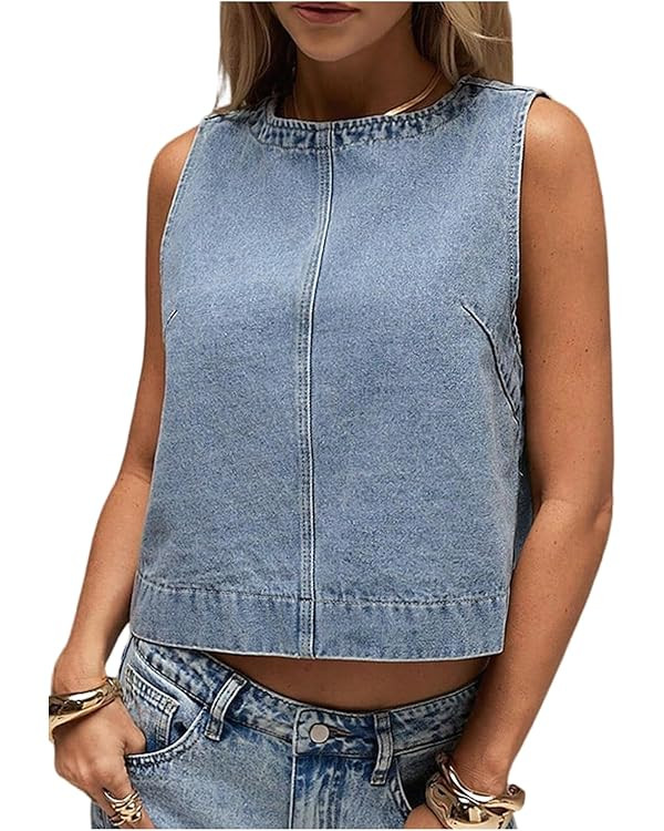 Milumia Women's Denim Vest Tank Top Sleeveless Round Neck Loose Fit Casual Jean Vests Streetwear | Amazon (CA)