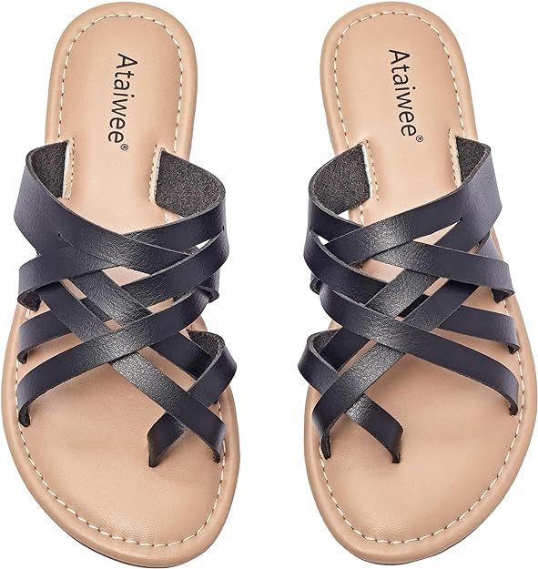 Ataiwee Women's Slide Flat Sandals - Comfortable Slip On Plait Toe Thong Strappy Spring Summer Sh... | Amazon (US)