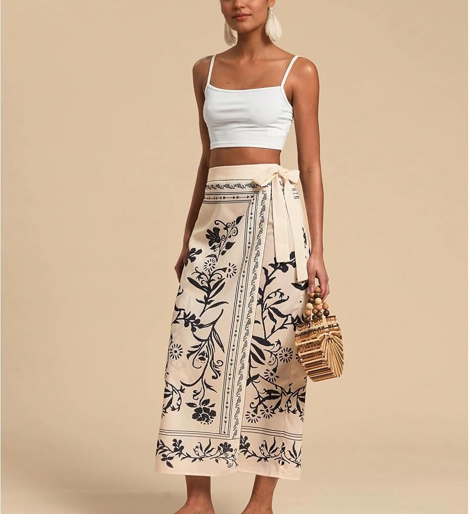 Womens Floral Wrap Midi Skirt Summer Adjustable Tie Side Casual High Waist A Line Beach Boho Long... | Amazon (US)