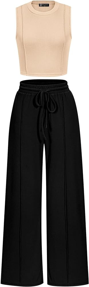 PRETTYGARDEN Women's Summer 2 Piece Loungewear Set Cropped Tank Top Wide Leg Sweatpants Tracksuit... | Amazon (US)