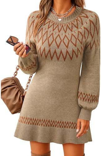Youtalia Womens Knit Sweater Dress Fair Isle Lantern Sleeve Casual Crewneck Ribbed Pullover Sweat... | Amazon (US)