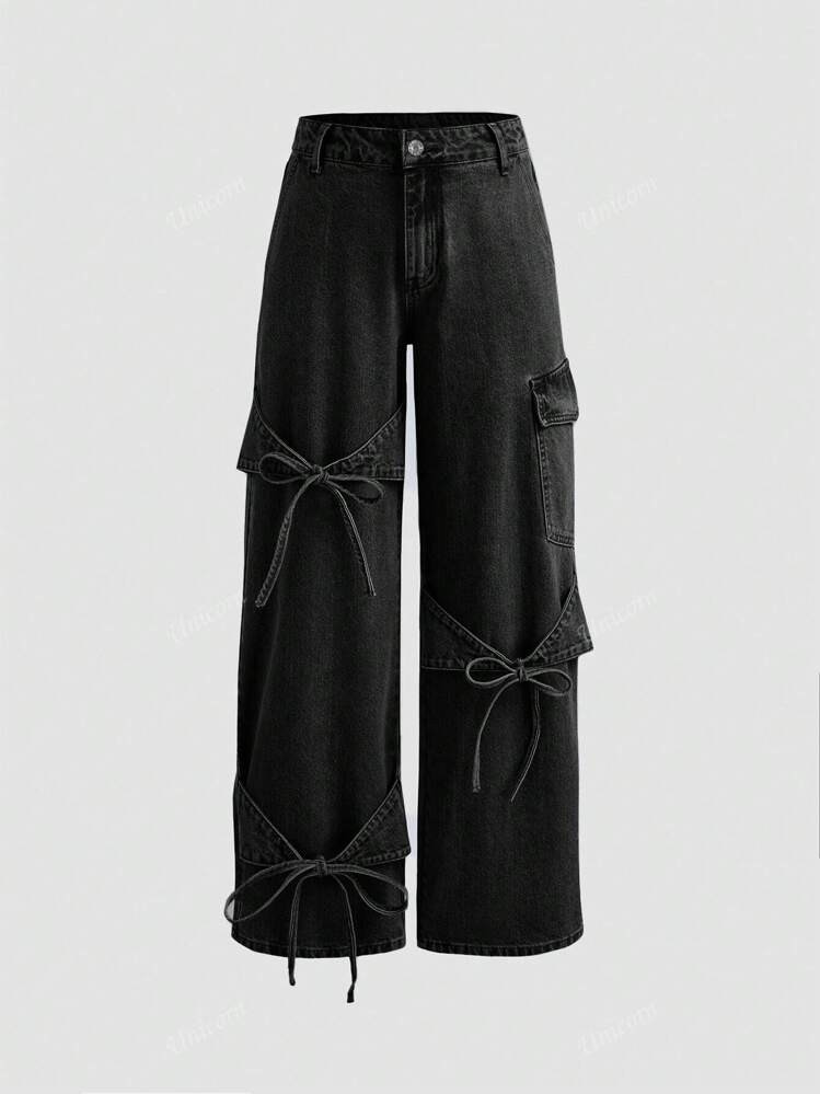 Stylish Bow-Tie Decor Utility Boyfriend Loose Fit Black Wide Leg Jeans For Women, Back To School ... | SHEIN