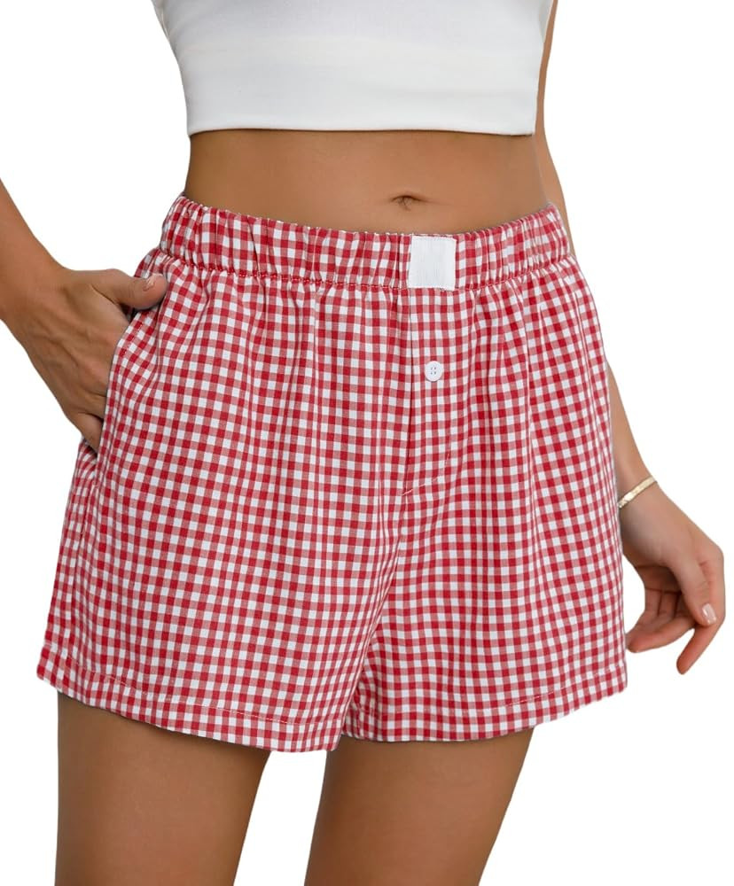 Womens Boxer Shorts Cotton Summer Casual Pajama Y2K Sleep Gingham Plaid Shorts Bottom with Pocket... | Amazon (US)