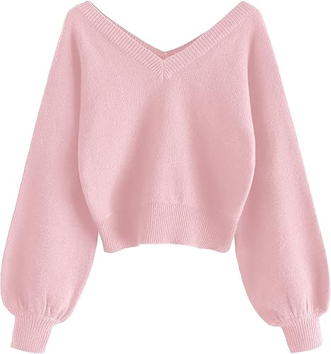 ZAFUL Women's Cropped Sweater V-Neck Long Sleeve Crop Sweater Pullover Jumper Knit Top | Amazon (US)