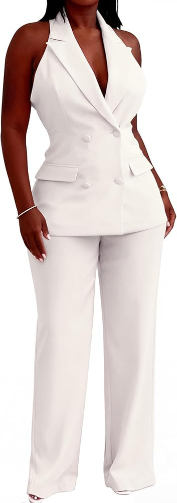 Women 2 Piece Suit Set Sleeveless Casual Business Pants Suiting Two Piece Outfit Professional Off... | Amazon (US)