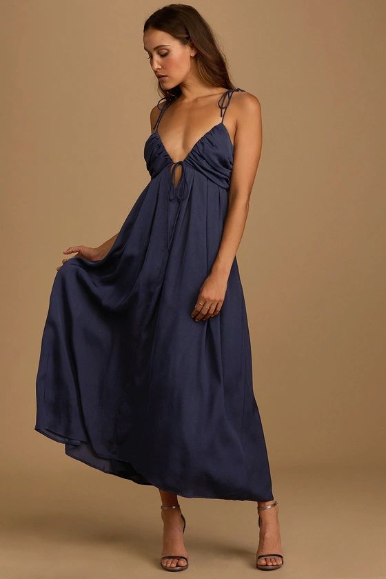 Confidence Check Navy Blue Satin Tie-Back Maxi Dress | Lulus (US)