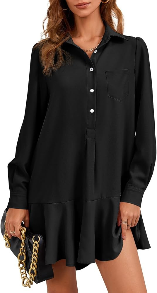 Fisoew Womens Casual Button Down Shirt Dress Long Sleeve Collared Pleated Swing Mini Dresses | Amazon (US)
