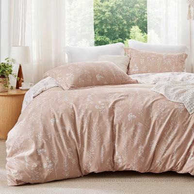 3 Pcs Floral Printed Reversible Dusty Rose Comforter Set King Size Soft Designed Plants Pattern Bedding Set - Bedsure | Target