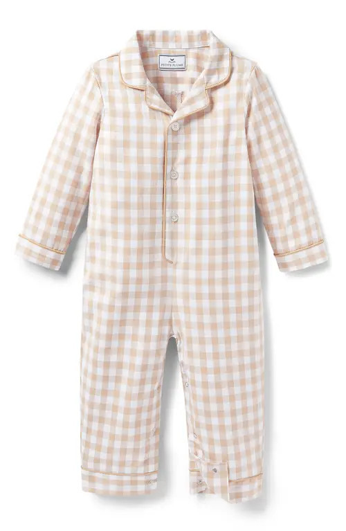 Petite Plume Gingham One-Piece Brushed Twill Pajamas in Beige at Nordstrom, Size 0-3M | Nordstrom