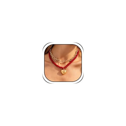 Red Beaded Necklaces for Women Gold Heart Silver Heart Pendant Pearl Black beaded Layered Dainty Chain Statement Pendant Trendy Birthday Summer Vacation Party Porm Jewelry Accessories Gifts | Amazon (US)