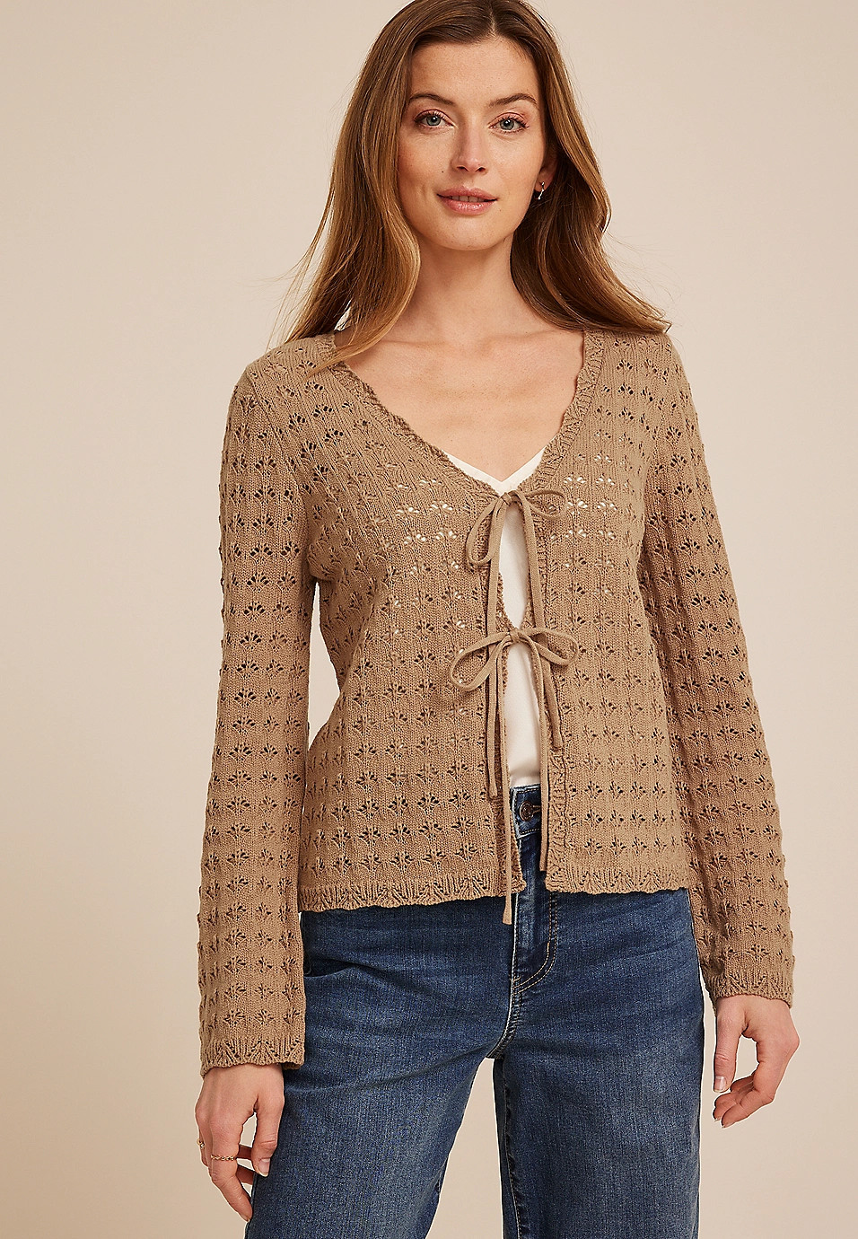 Tie Front Open Stitch Cardigan | Maurices