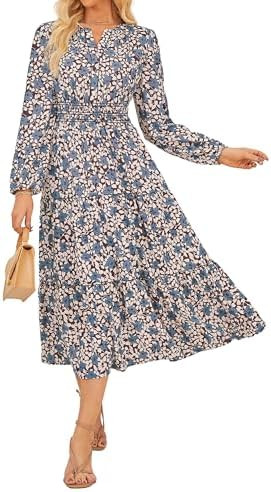 GRACE KARIN Women Fall Wedding Guest Dresses 2025 Floral Long Sleeve Maxi Dress Boho V Neck Empir... | Amazon (US)